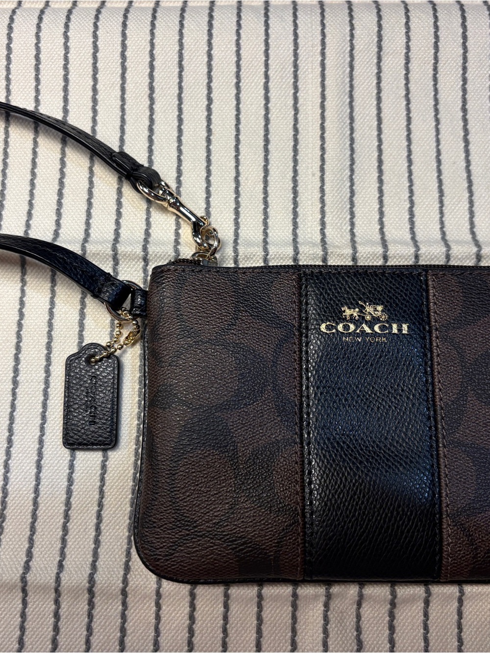 Coach Brown and Black Signature Wristlet with Gold Logo